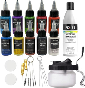 Pixiss Air Brush Painting Set with Airbrush Cleaner Pot and Brush Cleaner  Fluid (4 fl oz) - 10 Colors of Acrylic Paint for Airbrush Kit with