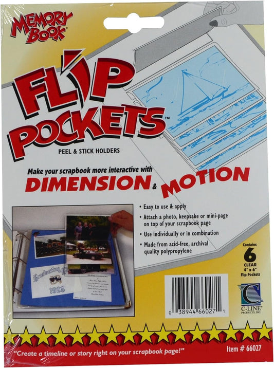 C-Line Memory Book Scrapbook Flip Pockets for 4 x 6 Inch Photos, Clear, 6 per Pack (66027)