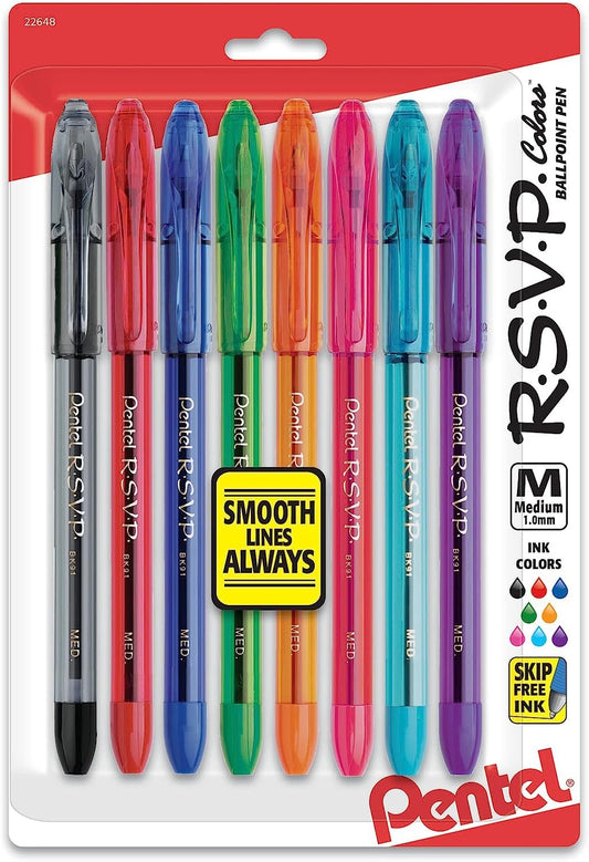 Pentel R.S.V.P. Colors Ballpoint Pen, Medium, Assorted Ink, Pack of 5 (BK91CRBP5M)