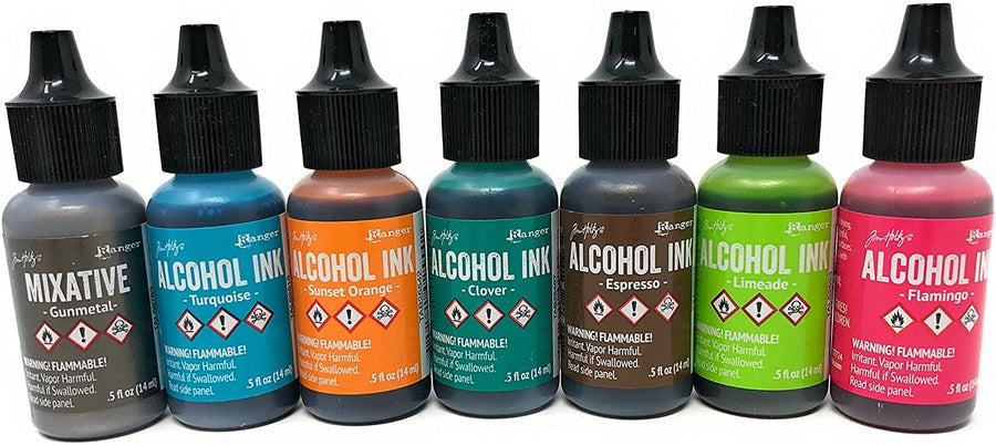 Alcohol Ink Set 7 Bottle Collection of Ranger Tim Holtz Alcohol Inks for Paper, Resin Epoxy Tinting, Petri Dish Making, 15ml/0.5-Ounce Alcohol Based Ink Each, Vibrant Colors and Metallic Mixitives