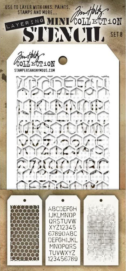 Tim Holtz - Nine Mini Layering Stencils - Numeric, Houndstooth, Rings, Honeycomb, Schoolhouse, Dot Fade, Tiles, Harlequin and Splotches - aka sets 7, 8 & 9