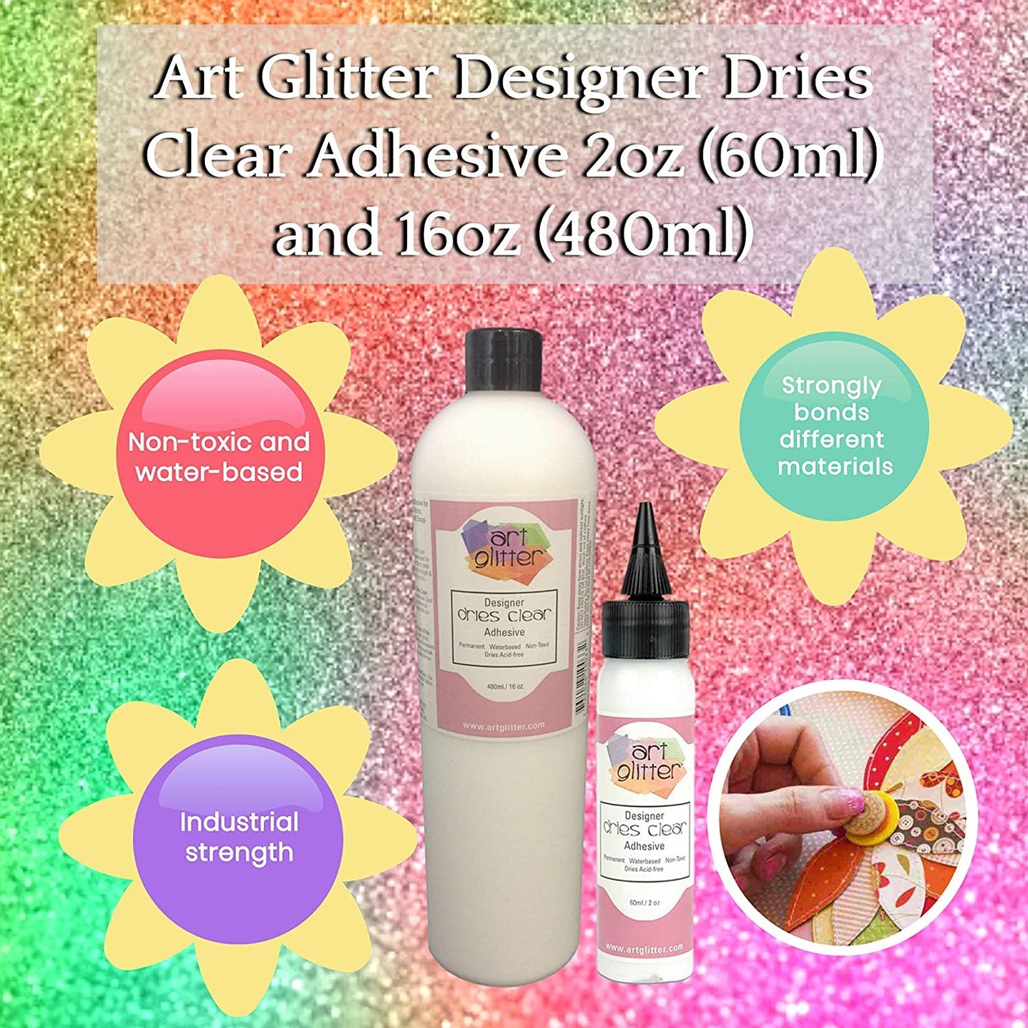 Art Glitter Designer Dries Clear Adhesive Non-Toxic Water-Based 2oz (60ml) and 16oz (480ml) with Metal Tip Precision Application Writing Tool — Arts and Crafts Scrapbooking Supplies Kit