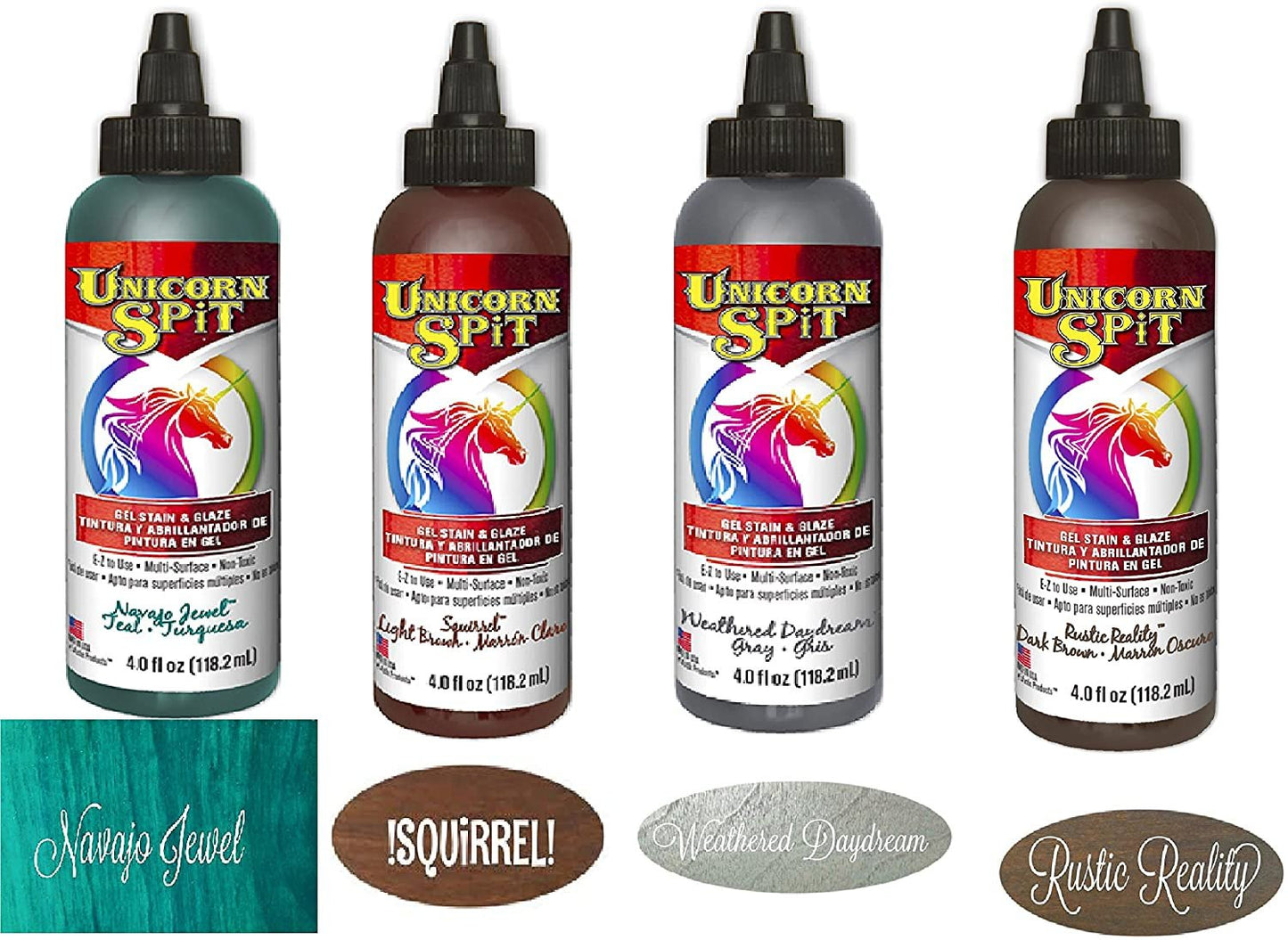 Unicorn SPiT Gel Stain and Paint New Color Fall 2017 Complete Collection - Squirrel, Navajo Jewel, Weathered Daydream, and Rustic Reality 4 oz Bottles