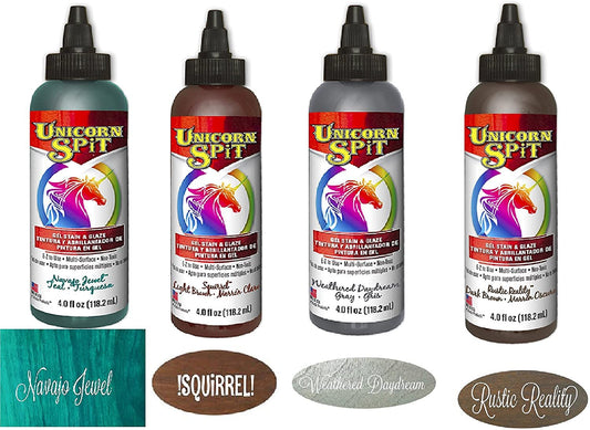 Unicorn SPiT Gel Stain and Paint New Color Fall 2017 Complete Collection - Squirrel, Navajo Jewel, Weathered Daydream, and Rustic Reality 4 oz Bottles
