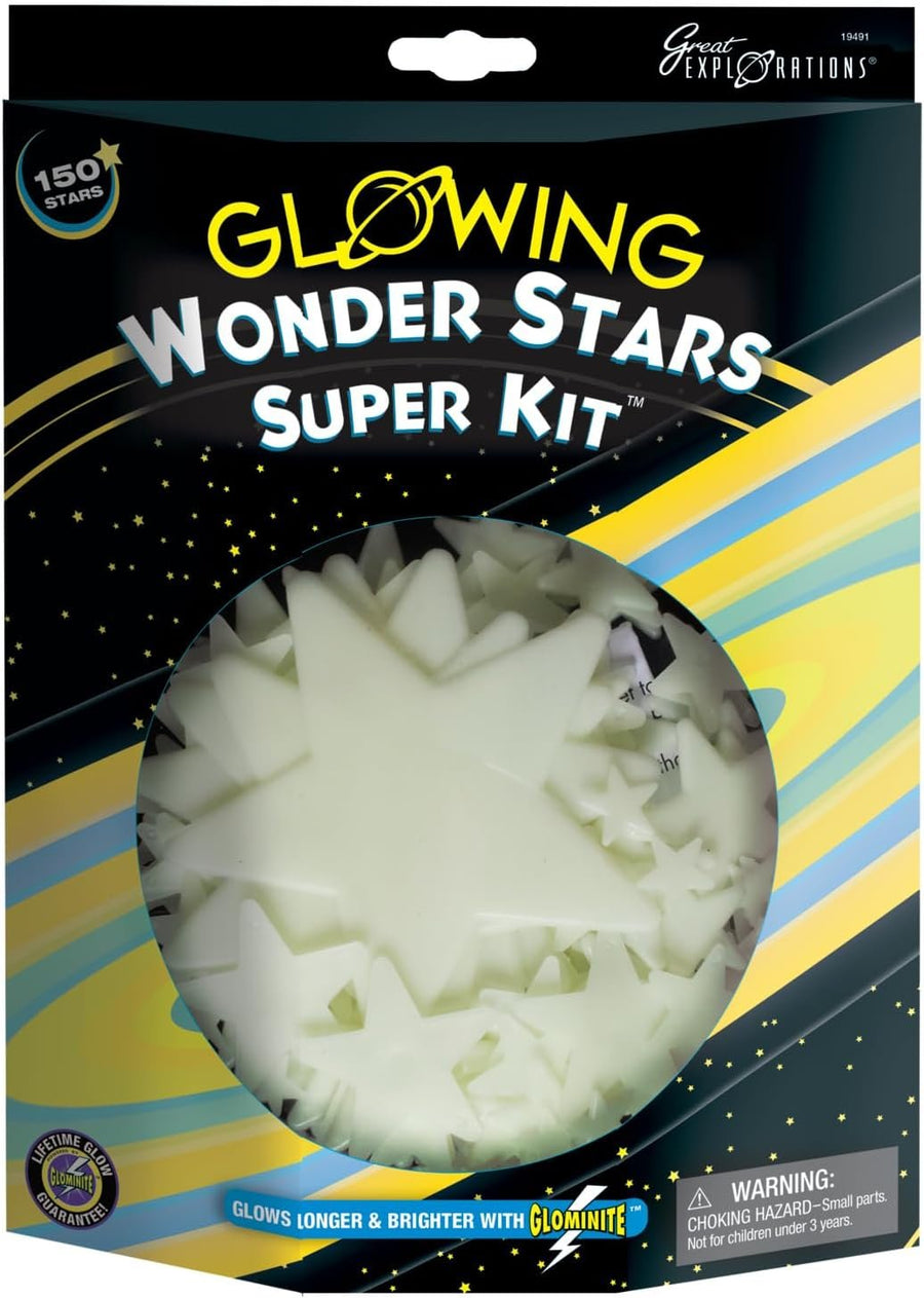 Great Explorations | Wonder Stars Super Kit Glow in The Dark Ceiling Stars 150Piece in 4 Sizes Reusable Adhesive Putty & Constellation Star Map Lifetime Glow Guarantee Green