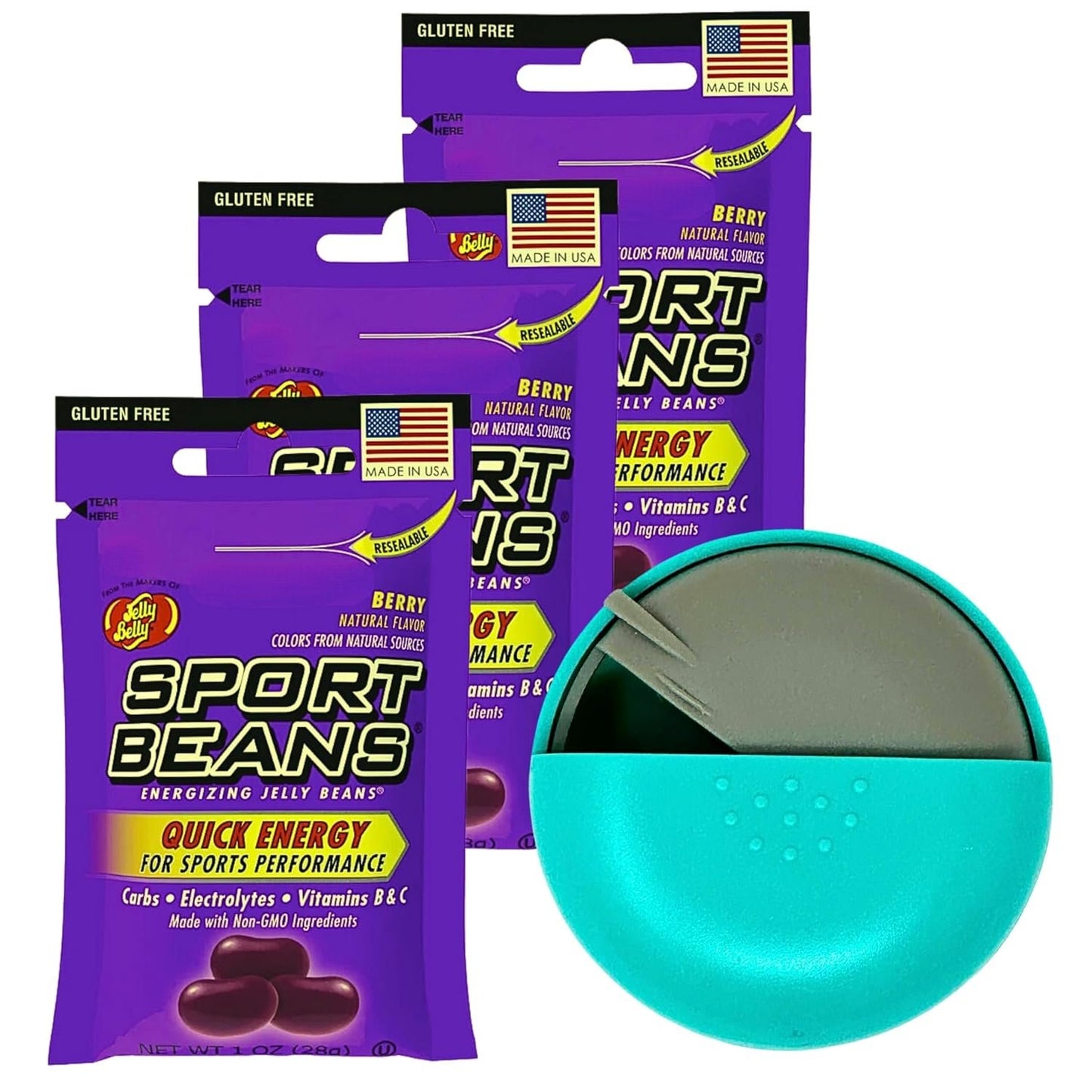 Jelly Belly Sports Beans Berry Flavor (3 pack of 1oz bags) with Mini Candy Dispenser (7.5cm x 2.5cm) - Energy Jelly Beans for Sports and Small Travel Case for Athletes, Runners, Travel, Desktop, etc