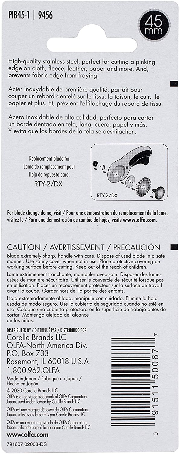 OLFA 45mm Rotary Cutter Pinking Blade, 1 Blade (PIB45-1) - Stainless Steel Circular Decorative Edge Blade for Crafts, Sewing, Quilting, Scrapbooking, Fits Most 45mm Rotary Cutters