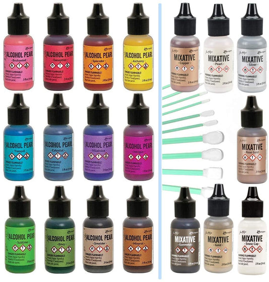 Ranger Tim Holtz Alcohol Pearls Complete Set Bundle (All 12 Colors), Ranger Tim Holtz Alcohol Ink Mixatives (All 7 Colors), 10 Pixiss Precision Ink Blending Tools