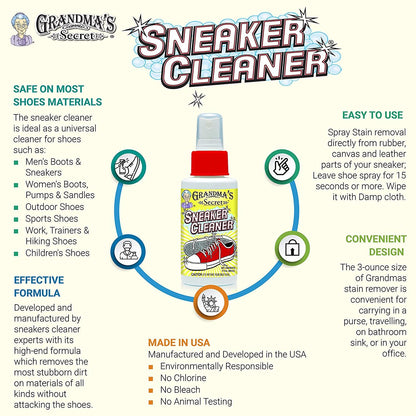 Grandma's Secret Sneaker Cleaner - Shoe Cleaner for Rubber, Canvas and Leather - Stain Remover Spray Removes Dirt, Grime and Grass - 3oz Sneakers Cleaner for Outdoor Shoes, Slippers and Moccasins