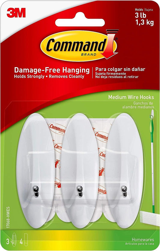 Command Medium Wire Hooks, White, Indoor Use, 3-Hooks, 4-Strips, Organize Damage-Free
