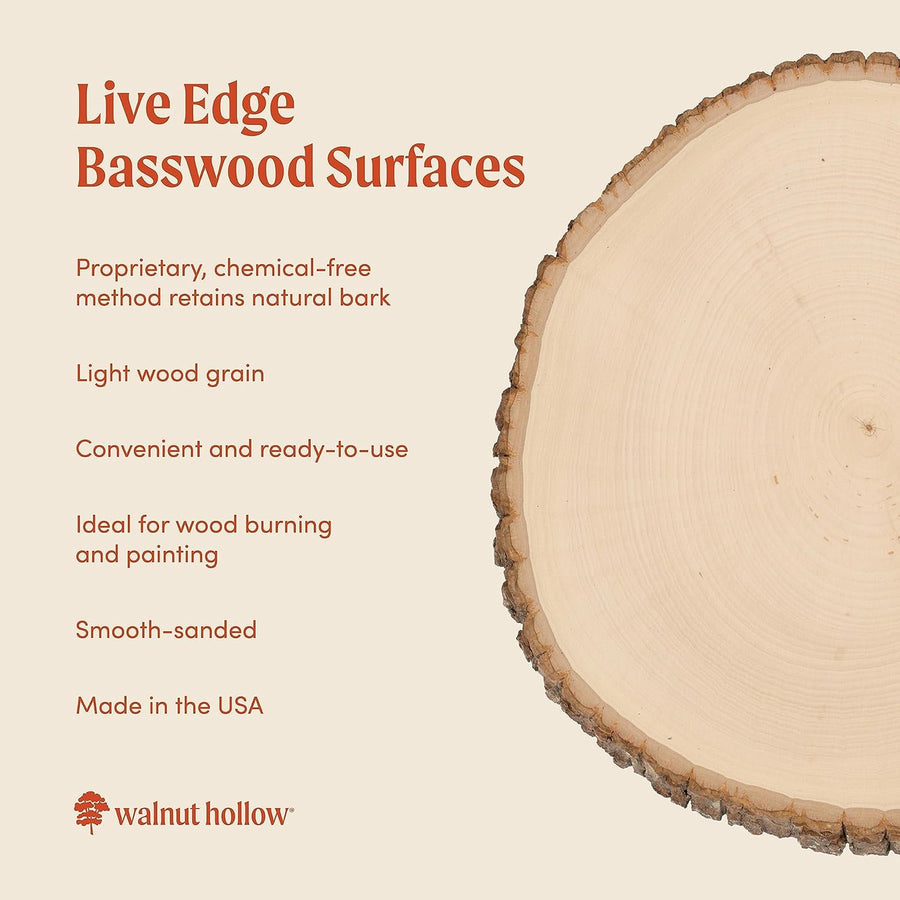 Walnut Hollow Basswood Round Small with Live Edge Wood - for Wood Burning, Home Décor, and Rustic Weddings