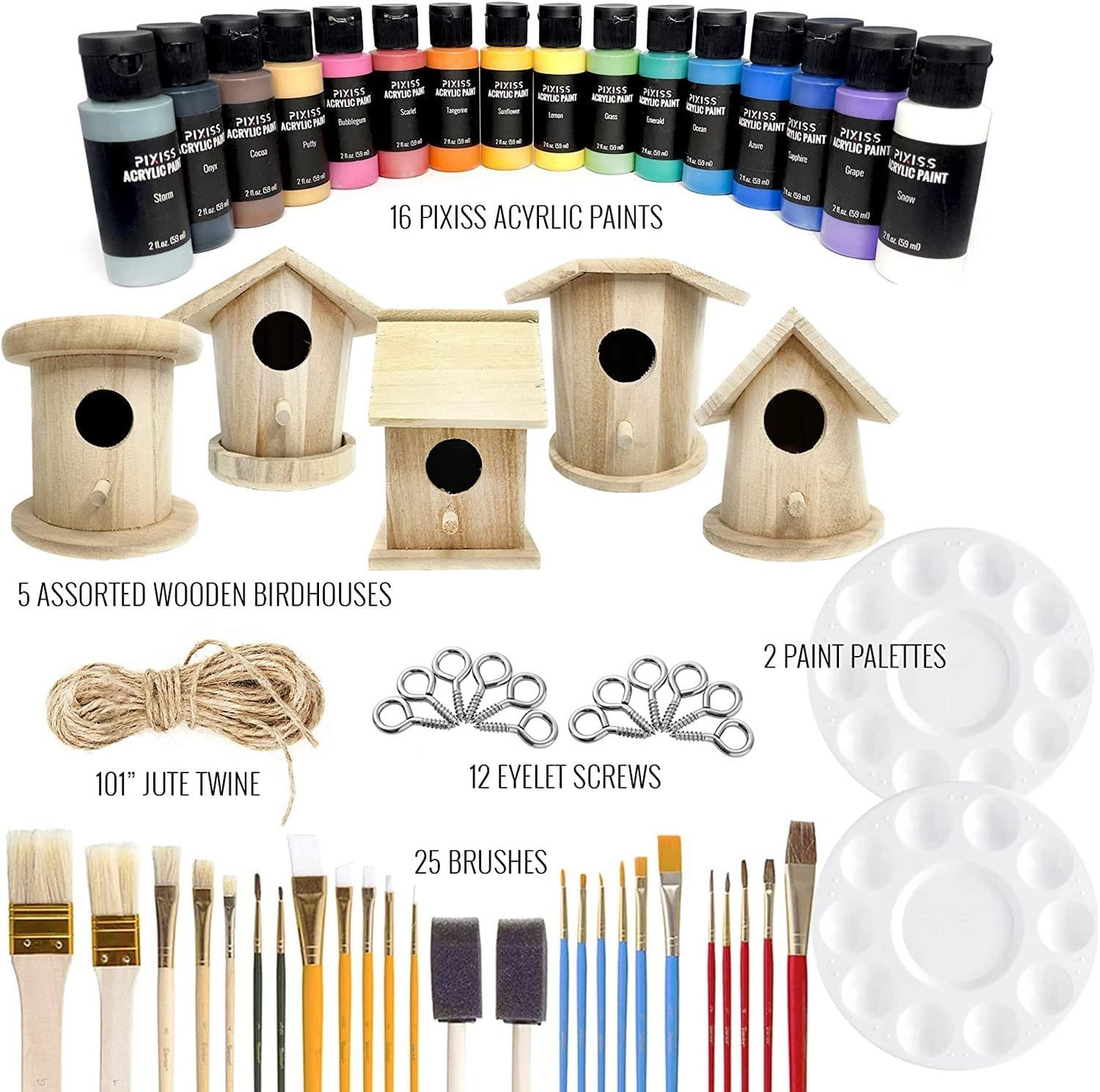 Pixiss Birdhouse Craft Bundle - 6 Unfinished Pixiss Wood Birdhouses (5-7 Inches), 16x 2-Ounce Pixiss Acrylic Paints, 25 Assorted Brush Set, 2X Palettes