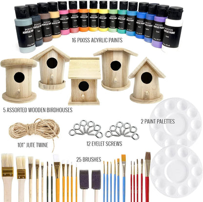 Pixiss Birdhouse Craft Bundle - 6 Unfinished Pixiss Wood Birdhouses (5-7 Inches), 16x 2-Ounce Pixiss Acrylic Paints, 25 Assorted Brush Set, 2X Palettes
