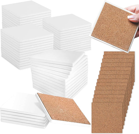 PIXISS Square Ceramic Coasters with Cork Backing - 50