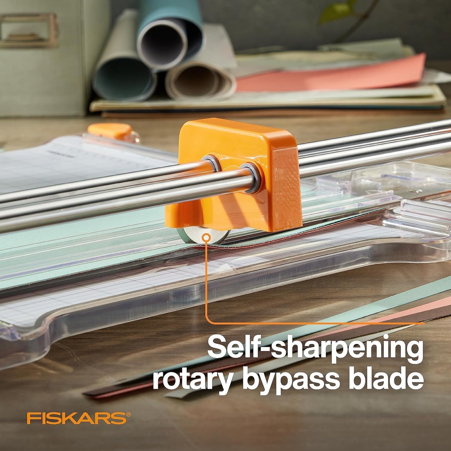 Fiskars ProCision™ Rotary Bypass Paper Trimmer - 12" Cut Length - Craft Paper and Mixed Media Cutter with Grid Lines Orange