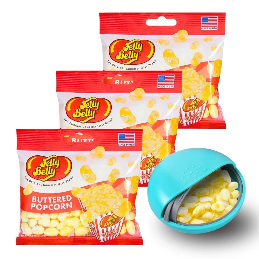 Jelly Belly Buttered Popcorn Jelly Beans (3pack 1.9oz) Mini Candy Dispenser (7.5cm x 2.5cm) - Butter Popcorn Candy and Small Travel Case for Athletes, Runners, Travel