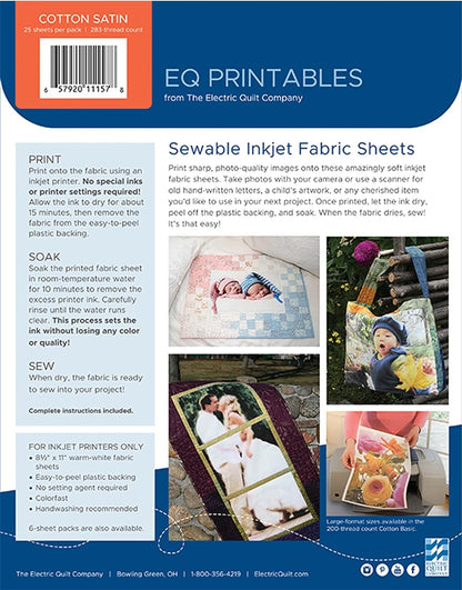 EQ Inkjet Fabric Sheets: 25 PREMUIUM Cotton Satin Sheets