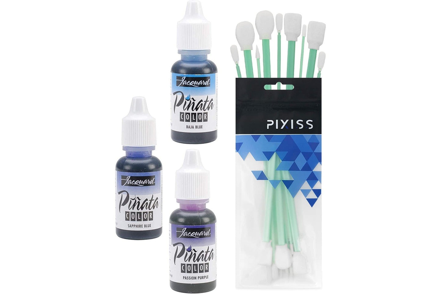 Jacquard Alcohol Inks 3 Pack Bundle, Sapphire Blue, Baja Blue and Passion Purple and 10X Pixiss Ink Blending Tools