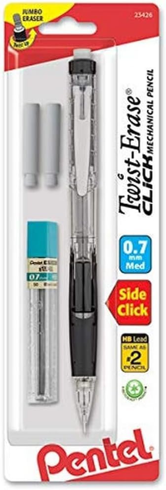 Pentel Twist Erase CLICK  Automatic Pencil with 2 Eraser Refills and Lead, 0.7mm, Assorted Barrels, Color May Vary, 1 Pack (PD277TLEBP)